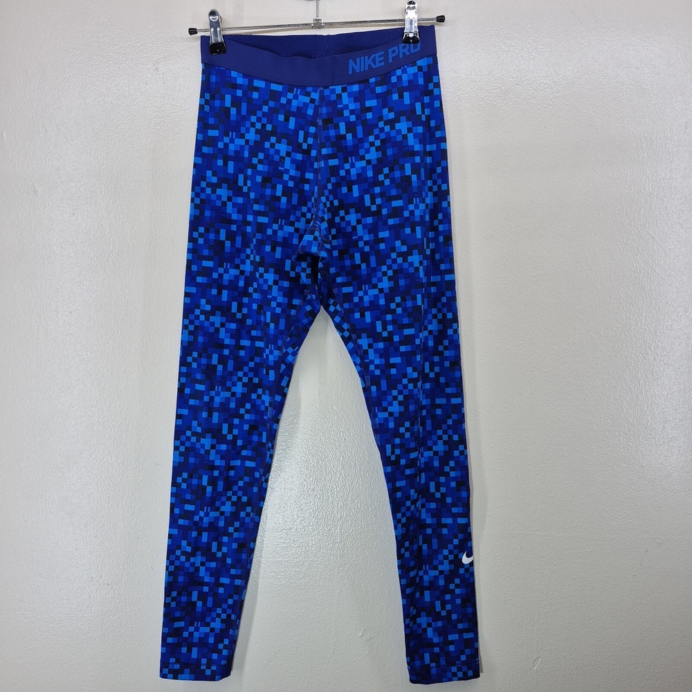Nike Pro Dri-Fit Hyperwarm Leggings Womens Medium‎ Blue Glitch Print Running